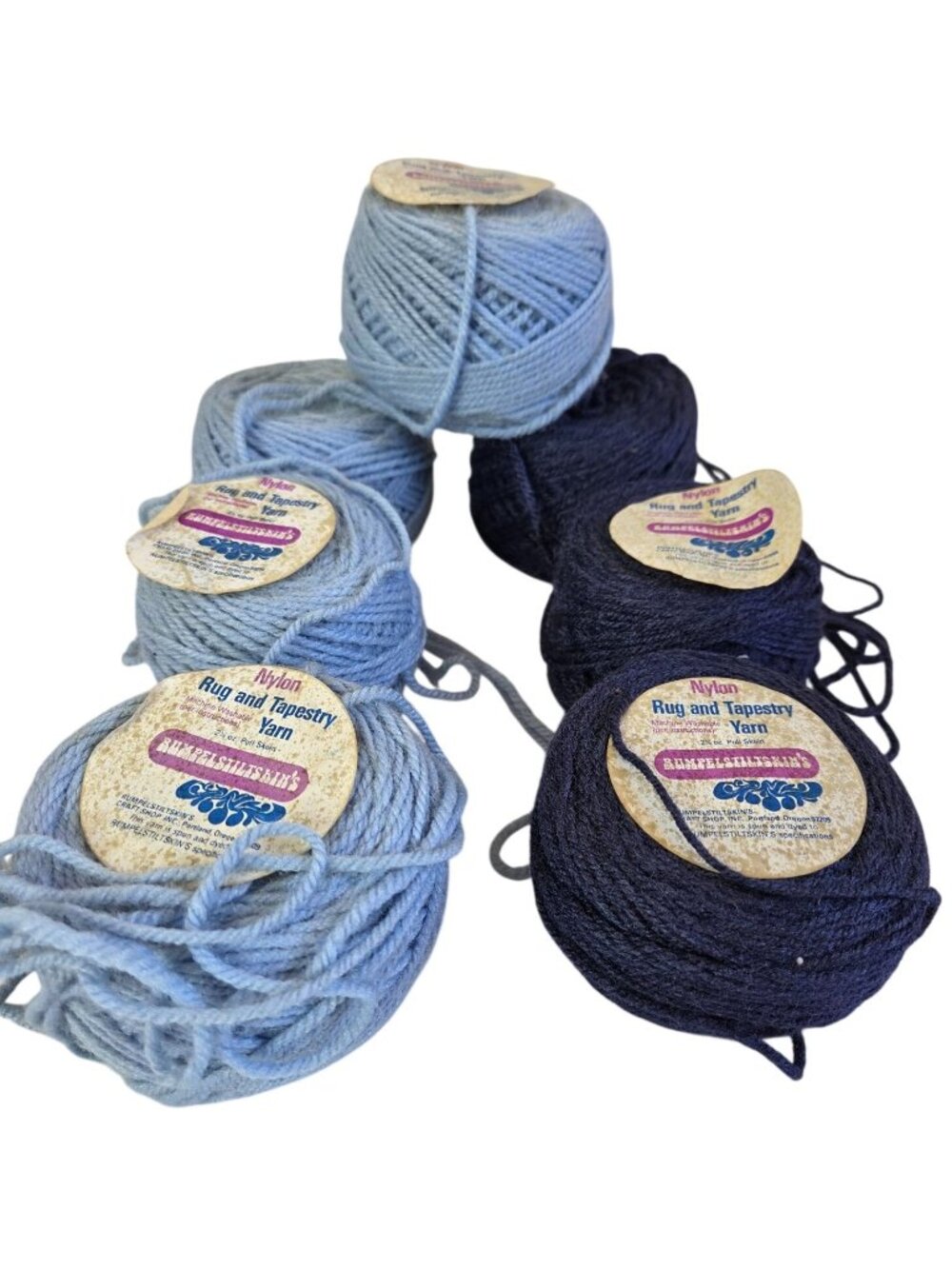 Vtg Rumpelstiltskins Blue Nylon Rug Tapestry Yarn Lot 6 Skeins 2.5 Oz Pull Skein